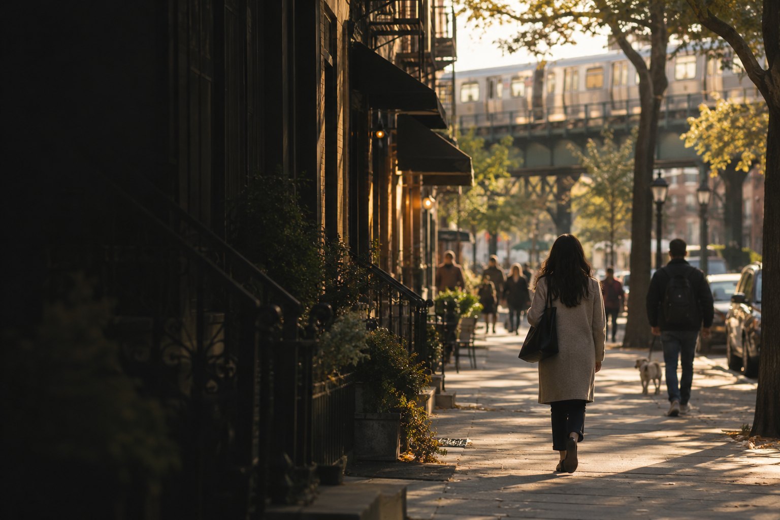 A Brooklyn street in the evening, people on the sidewalk