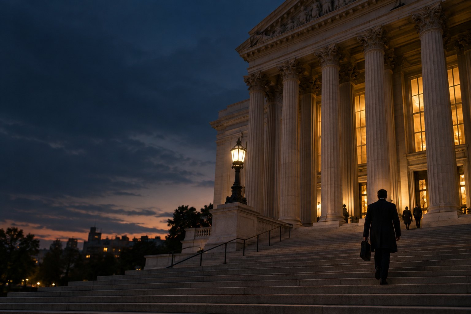 A courthouse at dusk